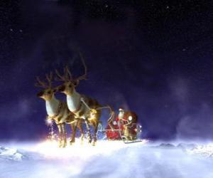 yapboz Noel Baba Noel onun üzerinde uçan sihirli reindeers tarafından çekilen atlı kızak